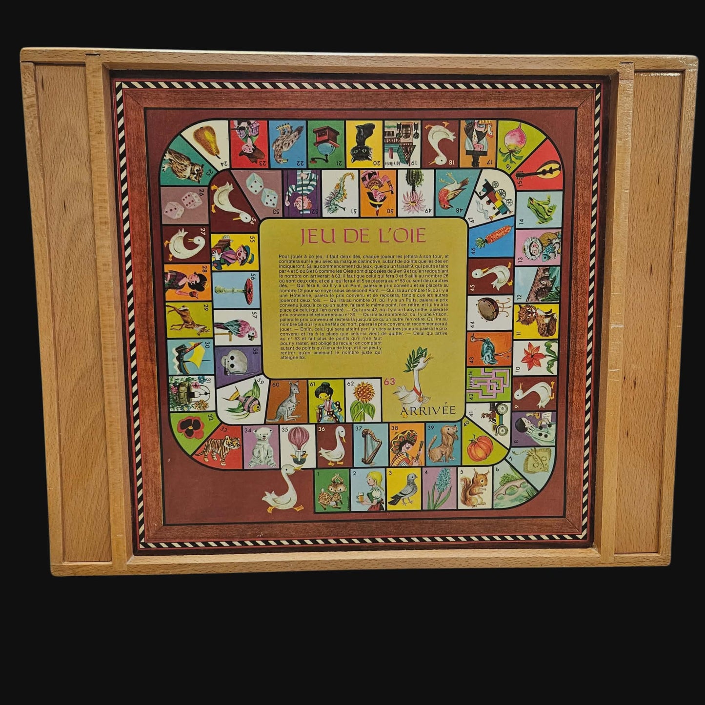 Vintage Wooden Game Board – Jeu de l'Oie + Chess/Draughts