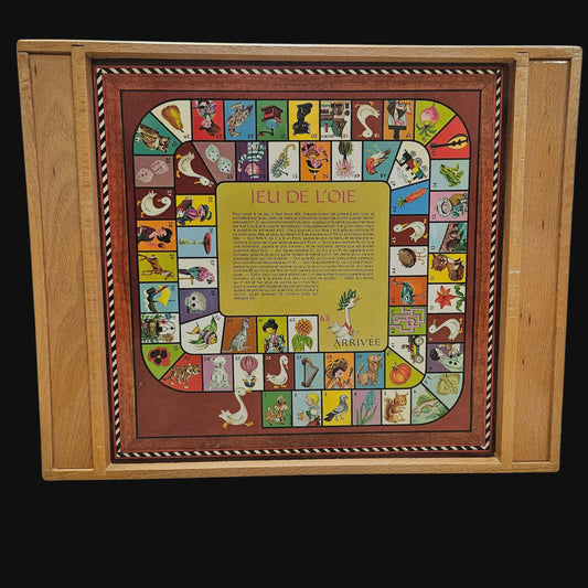 Vintage Houten Spelbord – Jeu de l’Oie + Schaak/Dam